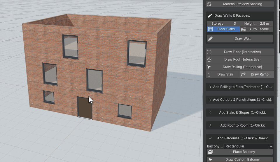 Placing four balcony shapes and switching railing styles