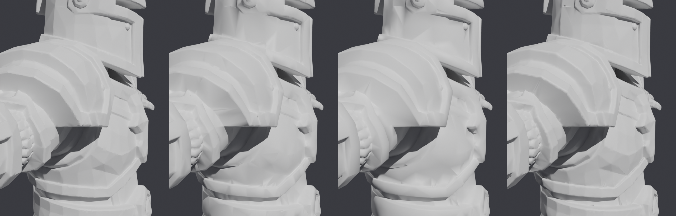 Four close-ups of the knight's shoulder armour